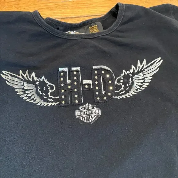 Vintage 2003 Bedazzled Harley Davidson Black Cotton Baby Tee Made in USA Large - Picture 2 of 7